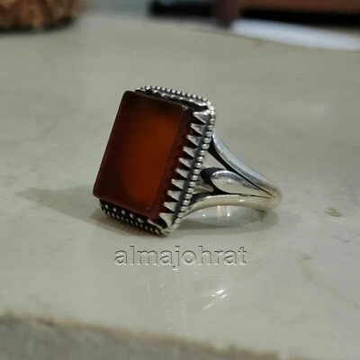 Natural Red Agate Stone Ring 925 Silver - Brown Yemeni Aqeeq - Image 1 of 4