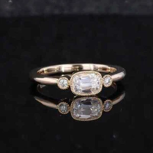 East West 3 Stone Bezel Set Silver Emerald Cut Moissanite Women's Wedding Ring - Picture 1 of 3