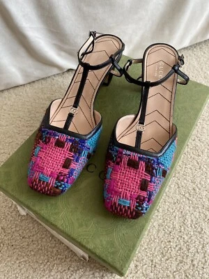 GUCCI LEATHER SHOES DOUBLE G LOGO T-STRAP  SLINGBACK PUMPS Size 8 / 38 - Image 1 of 4