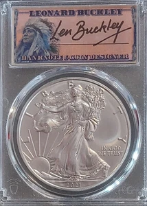 2021-S 1 OZ American SILVER Eagle Type 1 PCGS MS70 Hand Signed By LEN BUCKLEY - Picture 1 of 2