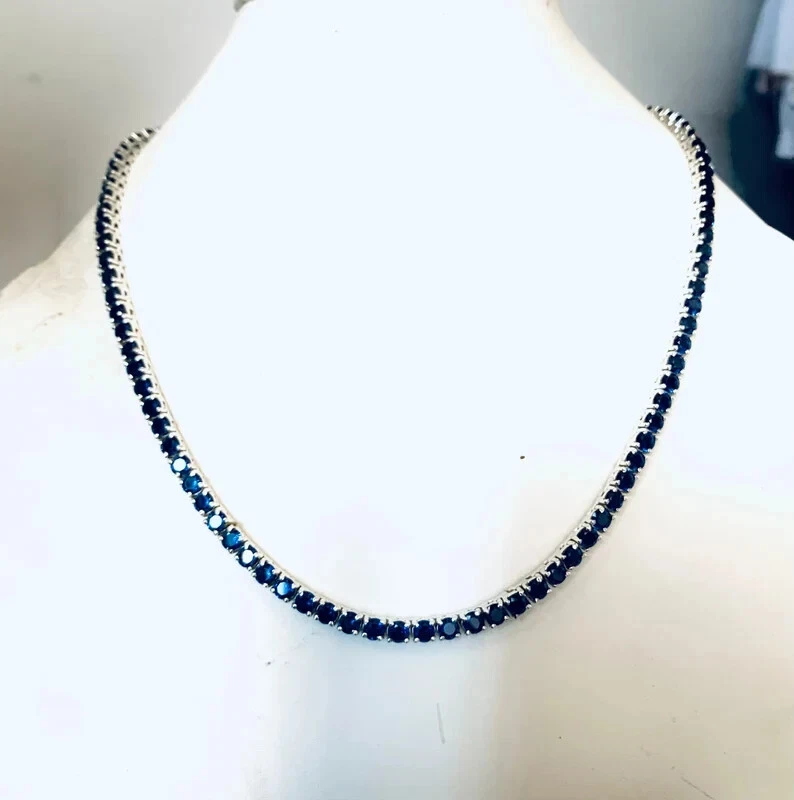 925  lab Blue Sapphire Tennis Necklace in 925 Sterling Silver Sapphire necaklce - Image 1 of 2