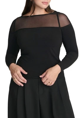 Top manga larga panel malla talla grande ELOQUII Elements para mujer - 26/28, negro Foto 1 de 4