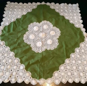 Vintage Tablecloth Linen Lace Crochet Olive Green Cream Square 30 X 30" - Picture 1 of 6