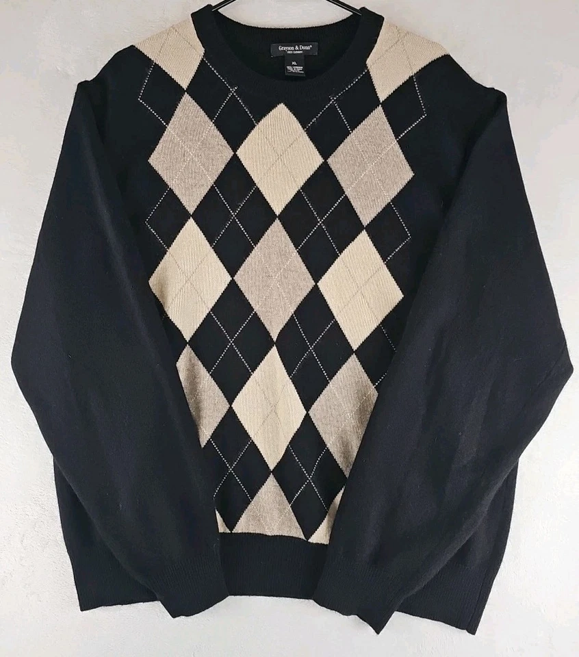 Suéter Grayson & Dunn 100% Cachemira Hombres XL Argyle Gris Azul Marino Manga Larga Crew Foto 1 de 4