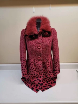 Weierli Womens Wool & Fox Fur Red Cheetah Leopard Print Coat Size L (Ch Size) - Image 1 of 4