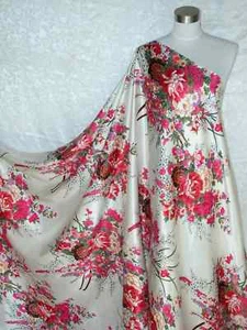 New 100% Silk Charmeuse Fabric Ivory Bouquet Per Yard - Picture 1 of 2