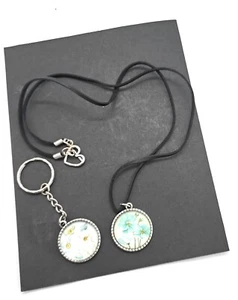 BLUE FLOWER CABOCHON 27" FLAT FAUX LEATHER CORD HEART TOGGLE NECKLACE KEYRING. C - Picture 1 of 4