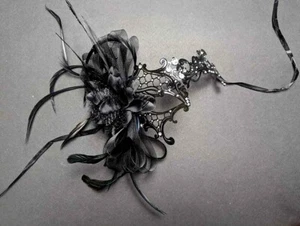 Women's Black Phantom Laser Cut Masquerade Metal Mask Rhinestones Feathers - Picture 1 of 6