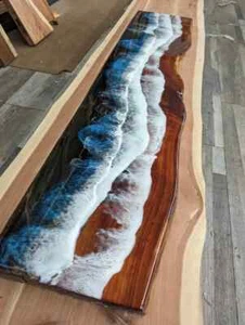 Ocean Epoxy Console Slab, Live Edge Wooden Counter Top, Epoxy Table Decor - Picture 1 of 8