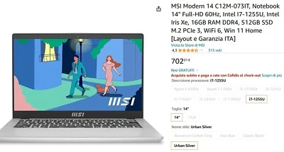 MSI Modern 14, I7 di dodicesima generazione,RAM  16Gb, 500Gb SSD - Immagine 1 di 4