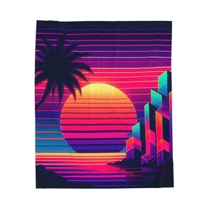 Velveteen Plush Blanket, Digital Sunset Graphic Bedding, Soft Throw Blanket, - Picture 1 of 13