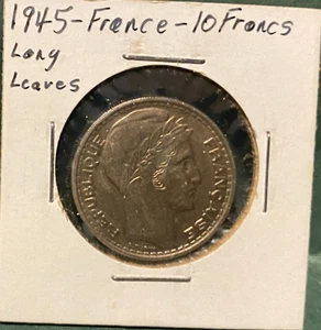 FRANCE, 1945, 10 Francs, long leaves, coin, circulated - Picture 1 of 4