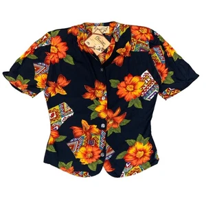80er Jahre "LADY CHEMERLANG" FRANZÖSISCHE SCHWARZ ORANGE BLUMEN DEADSTOCK KNOPFLEISTE BLUSE S 8 - Bild 1 von 6