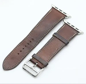Hermès Brown Leather Apple Watch Band Stainless Steel Buckle Fits 42 44 45mm - Photo 1 sur 4