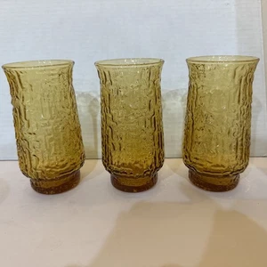 Vintage Libbey Glass Gold Arctica Cooler Tumbler Crinkle Cut Set of 3 - Picture 1 of 7