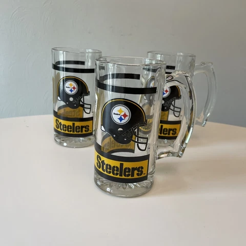VINTAGE 1990s NFL Pittsburgh Steelers Helmet Logo Glass Stein Beer Mug Lot of 3 Cover