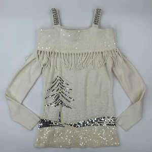 Berek Womens S Cold Shoulder Fringe Christmas Sweater Art-To-Wear Pearls Ivory - Picture 1 of 11