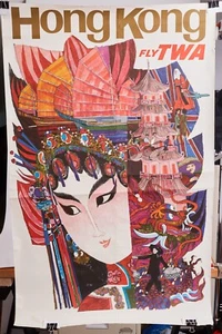 Original Vintage Poster HONG KONG FLY TWA JETS Airline Travel David Klein 1960s - Picture 1 of 12