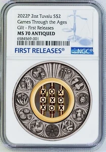 2022 GAMES THROUGH AGES Tic Tac Toe 2oz Silver Antiqued $2 Coin NGC MS 70 FR - Picture 1 of 4