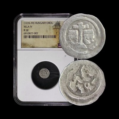 HUNGARY. 1235, Obol, Silver - NGC F12 - Béla IV, Cross, Heads, Lion - Image 1 of 4