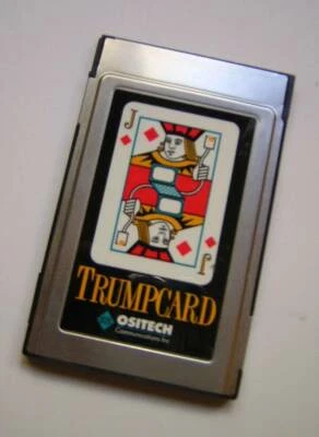Ositech Jack of Diamonds TrumpCard PCMCIA Ethernet LAN+Modem PC Card +Cables Vtg - Image 1 of 2