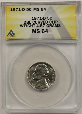 1971-D ANACS Mint Error MS64 (Doubled Curved Clip weight 4.87g) Jefferson Nickel - Image 1 of 4