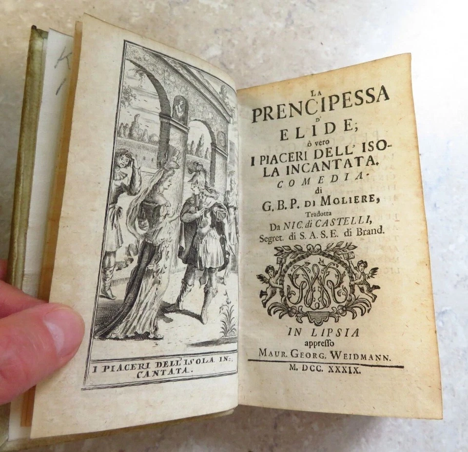 1739 MOLIERES OPERAS 3 VOLS  26 ENGRAVED PLATES vellum binding - Image 1 of 4