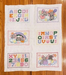 VTG Childrens Alphabet Crib Quilt w Cross Stitched Mice Scenes 36" x 30" 2 Sided - Picture 1 of 14
