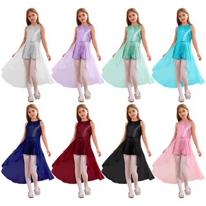 Kids Girls Dresses Party Leotard Jazz Jumpsuit Homecoming Rompers Chiffon Skirt - Picture 1 of 100