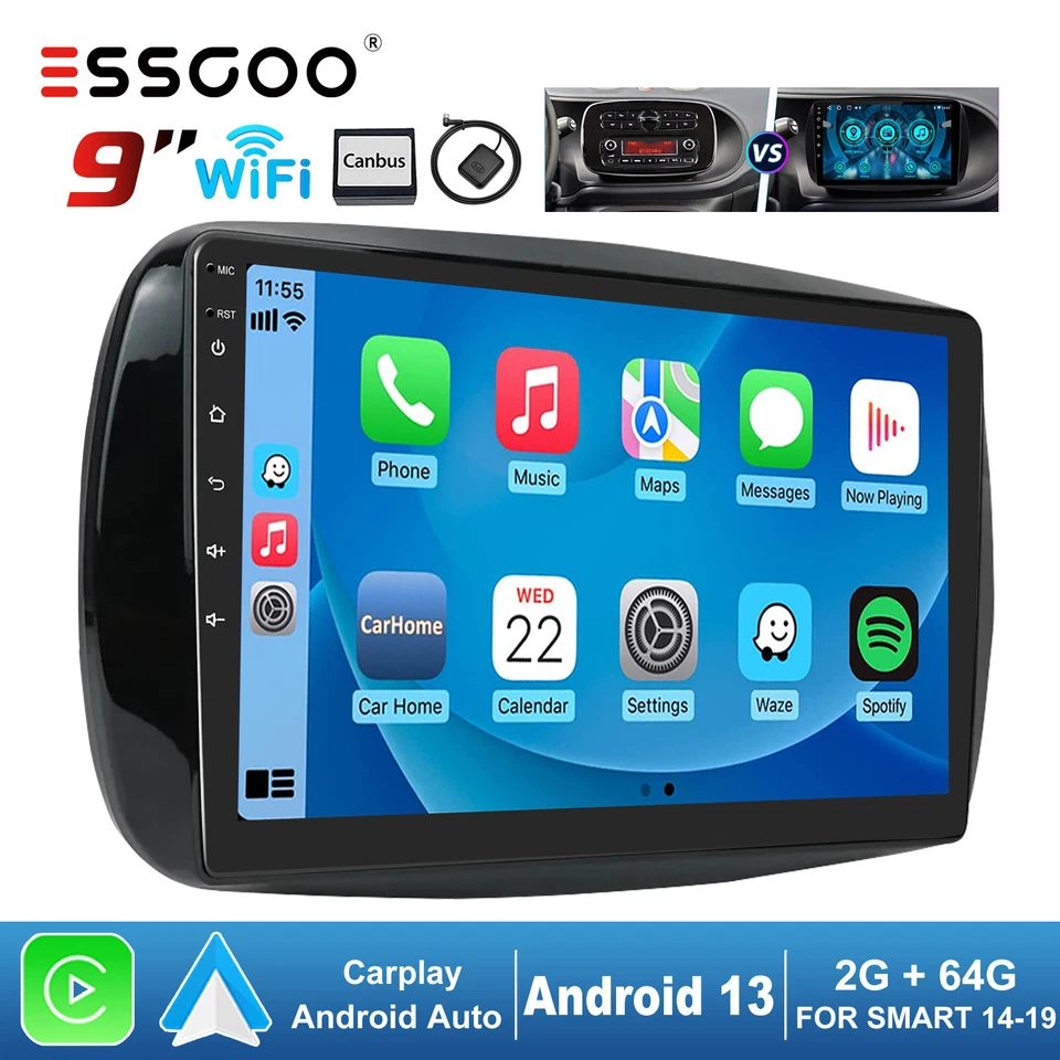 9" Android 13 Carplay Autoradio GPS NAV 2+64G Für Benz Smart Fortwo 453 14-2019 - Bild 1 von 4