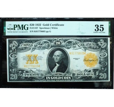 1922 $20 Gold Certificate PMG 35 Choice Very Fine - Insane Eye Appeal! - Image 1 of 3