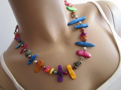 Damen Perlmutt Collier Hals Kette Modekette kurz Silber Bunt Statement Blogger - Bild 1 von 3
