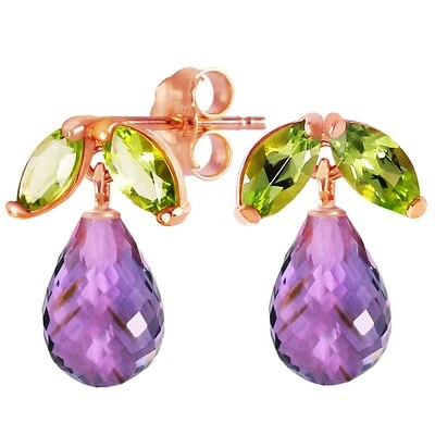 3.40 Carat 14K Solid Rose Gold Stud Gemstone Earrings with Peridots & Amethysts - Image 1 of 3