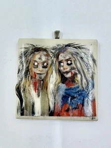 Hand Painted 2x2 Inch Tile Pendant - Zombie Twins Halloween Pendant Handmade - Picture 1 of 3