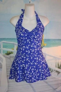 10 SEXY HALTER ANCHORS AWAY ROYAL BLUE SWIMDRESS GLAMOROUS XTRA SLIMMING - Picture 1 of 1