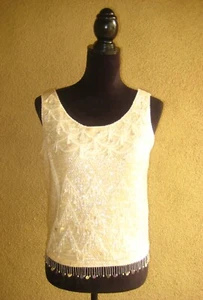 Vintage The May Co 60s cream wool sequins/beads sleeveless rayon lined top M - Picture 1 of 20