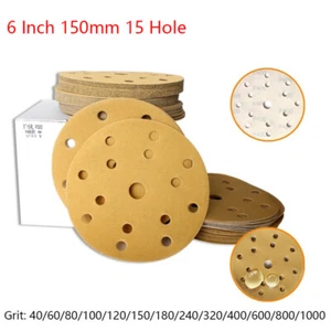 6 Inch 150mm 15 Hole Sanding Discs 40 To 1000 Grit Wet and Dry Yellow Sandpaper - Picture 1 of 7