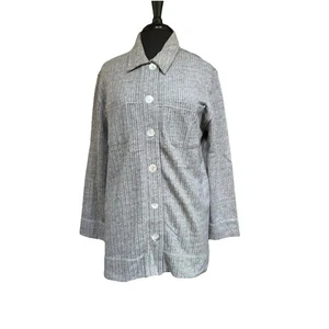 Soft Surroundings Top Women M Gray Button Up Preppy Herringbone Shacket Shirt - Picture 1 of 7
