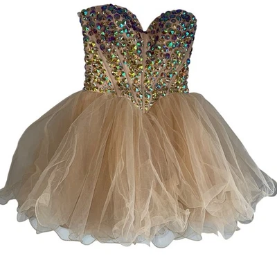 Sherri Hill Tulle Peach Beige Mini Dress Sz 4 Iridescent Rhinestones Prom Corset - Image 1 of 4