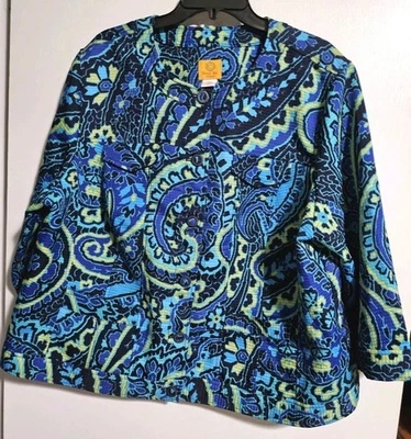 Colorful Quilted Jacket by Ruby Rd Woman 20W Blues, Black & Yellow Abstract - Image 1 of 4