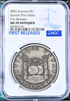 2025 Pillar 1oz Antiqued Silver NGC MS70 $1 Coin 225 AN. AUSTRALIAN PROCLAMATION - Image 1 of 4