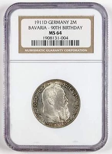 1911 D Germany Silver 2 Mark Bavaria 90th Birthday NGC MS64 - Picture 1 of 5