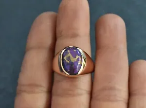 Oval Purple Natural Turquoise Gemstone Ring 925 Solid Silver Yellow Gold Plating - Picture 1 of 3