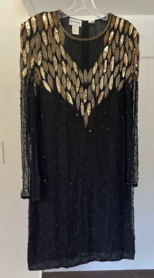 Vintage Dress Stenay Beaded Sequins Silk Black Size 16 NWOT - Image 1 of 4