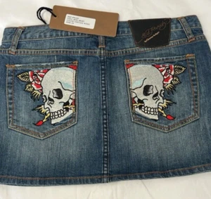 Ed Hardy Mini Skirt Denim Christian Audigier Embroidered Skulls Size 29 W NewWT - Picture 1 of 12