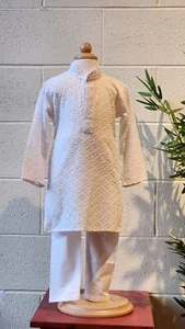 Kids Rayon Chikankari Kurta Set White - Picture 1 of 9
