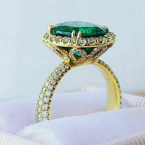 3Ct Oval Cut Lab Created Emerald Halo Women's Ring 14K Yellow Gold Plated Silver - Picture 1 of 8