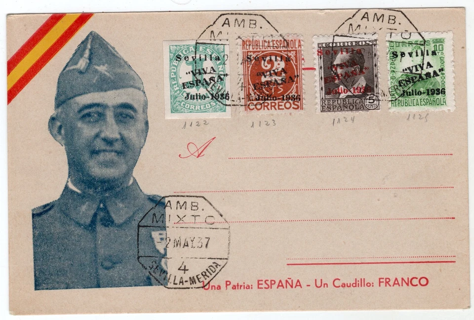 ESPAÑA 1937 GUERRA CIVIL TARJETA POSTAL GENERAL FRANCO CON SELLOS CON SOBRECARGA - Imagen 1 de 1