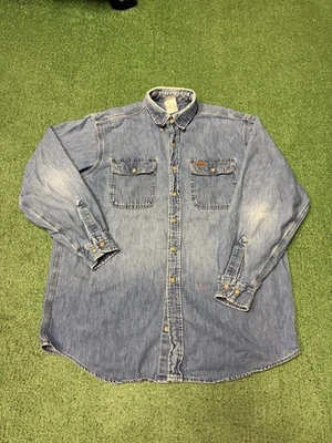 Винтажная мужская рубашка 90-х Carhartt из джинсовой ткани на пуговицах с длинным рукавом большой размер с двумя карманами ПОМЕЧЕНА - Изображение 1 из 4