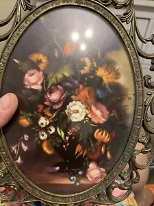Vintage Brass On Oval Ornate Convex Flowers Frame Made In Italy. 10.5 X 13 - Picture 1 of 8